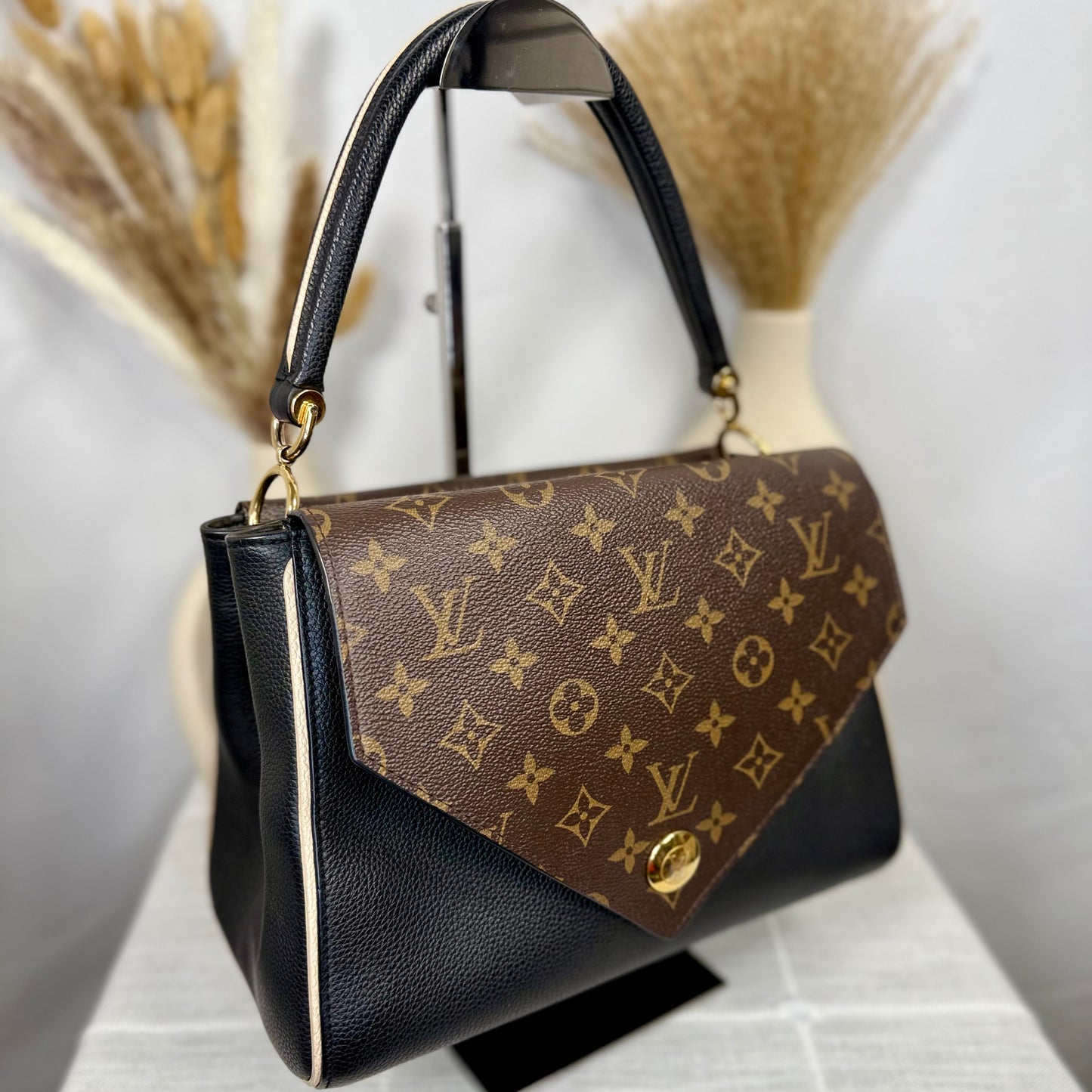 EUC Louis Vuitton Black Calfskin & Brown Monogram Coated Canvas Double V Bag