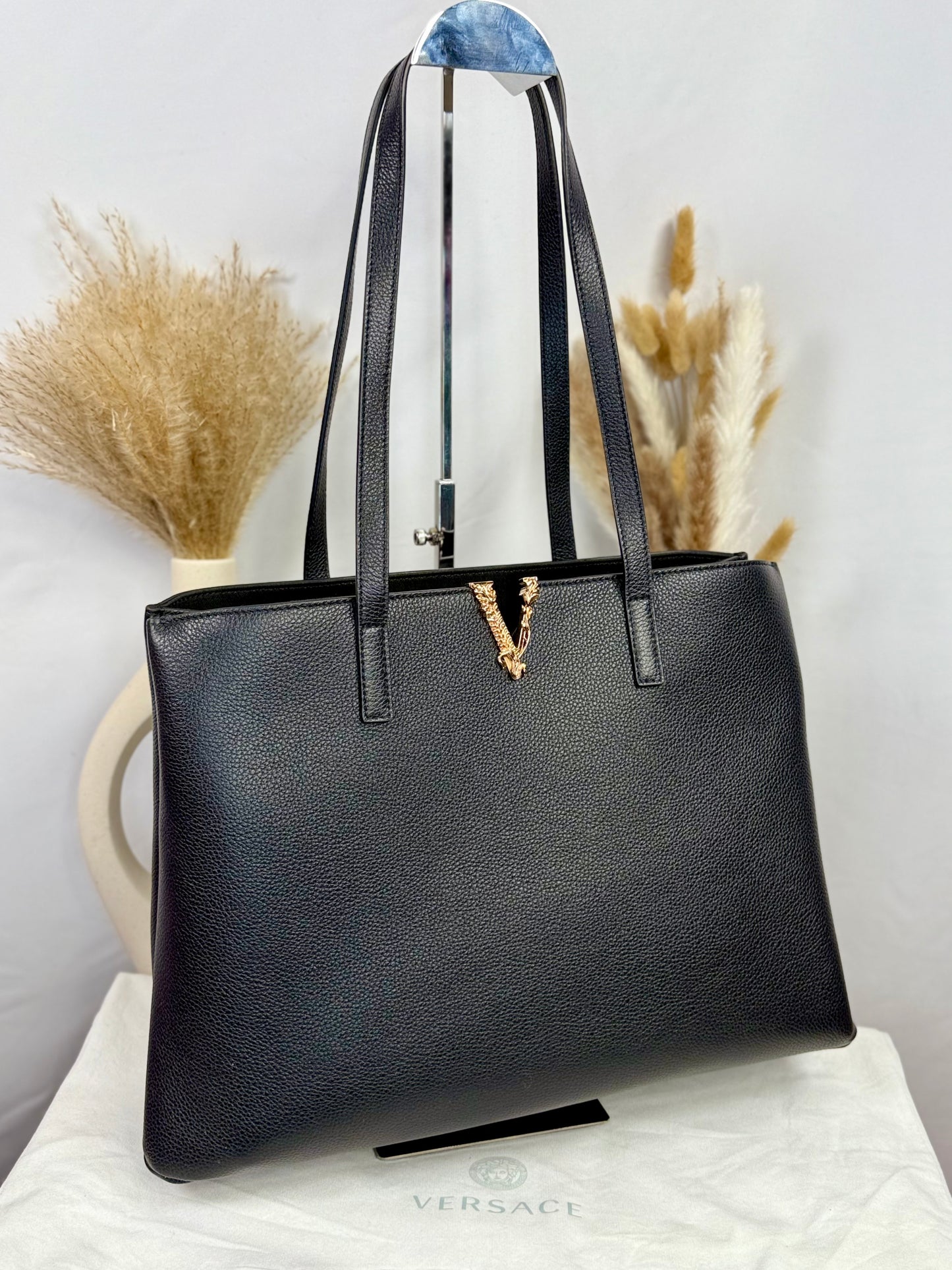 NEW!! VERSACE Black Grainy Calf Leather Virtus Tote Bag
