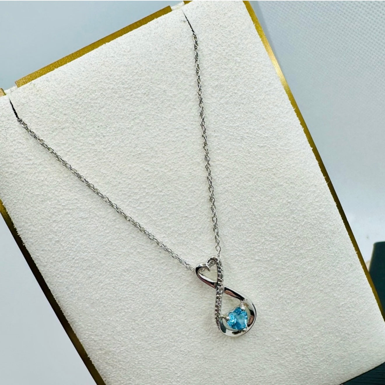 NEW! 925 Sterling Silver Heart-Shaped Blue Topaz & Diamond Infinity Pendant