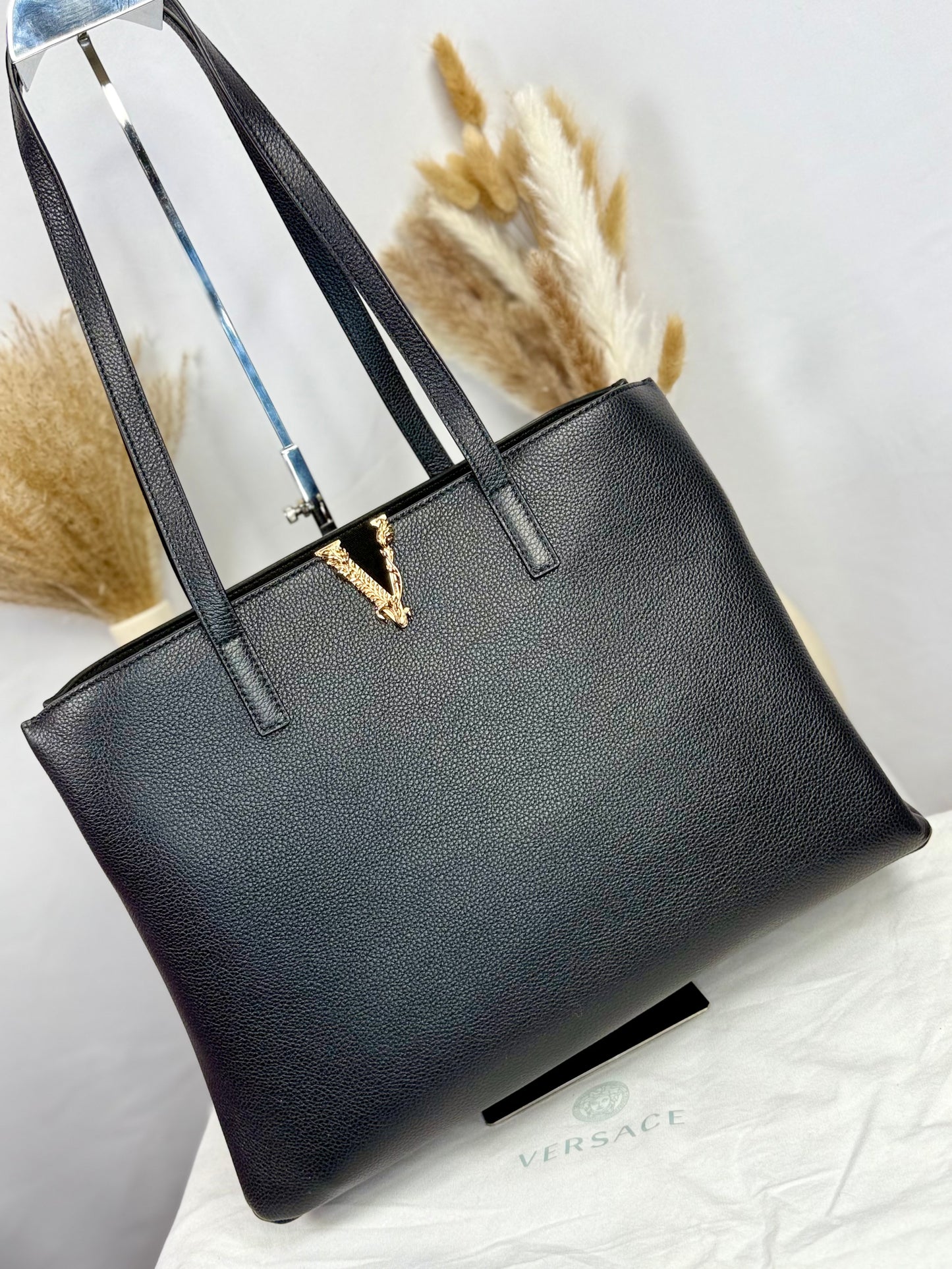 NEW!! VERSACE Black Grainy Calf Leather Virtus Tote Bag
