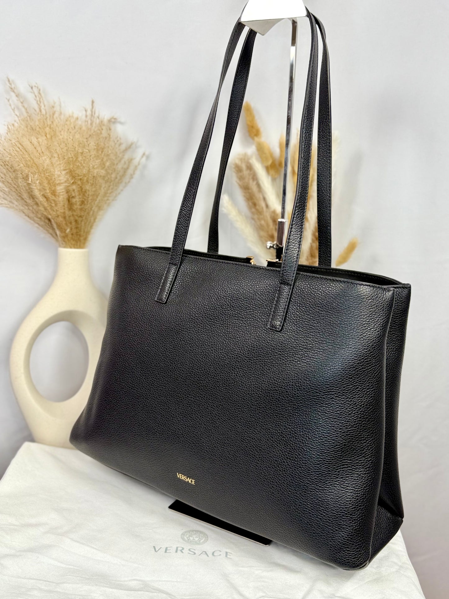 NEW!! VERSACE Black Grainy Calf Leather Virtus Tote Bag