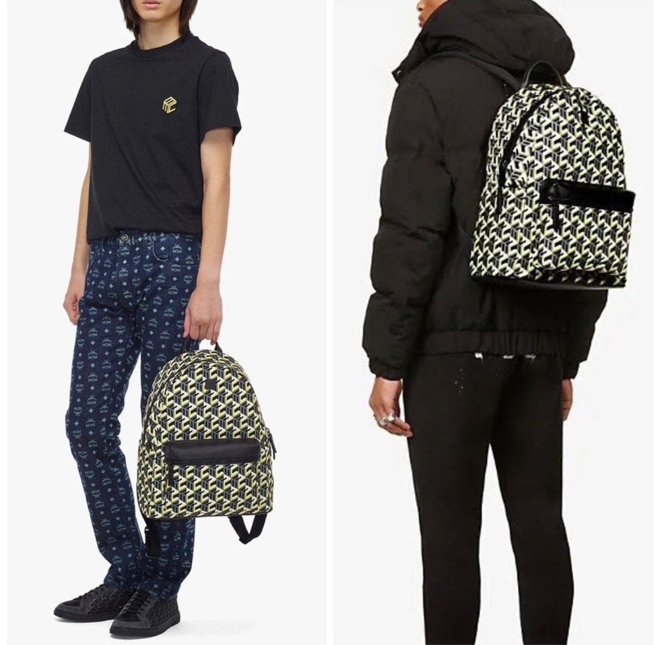 NEW! Unisex MCM Medium Stark Black & Yellow Cubic Logo Backpack