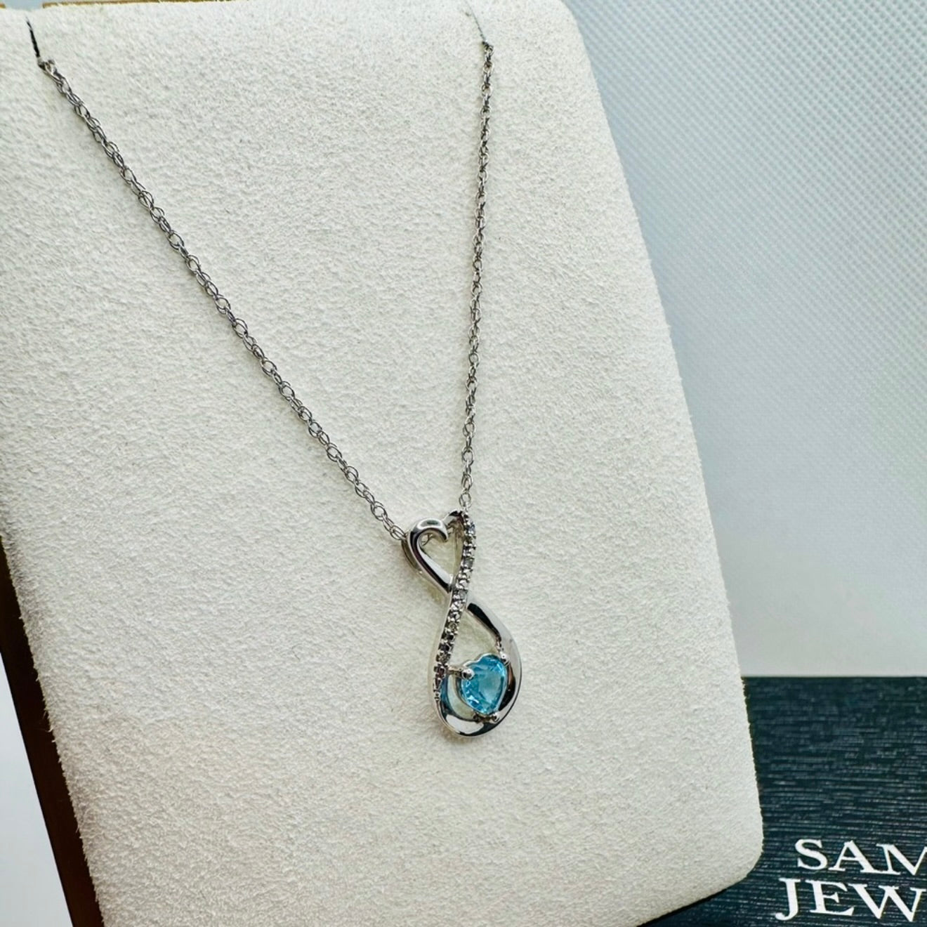 NEW! 925 Sterling Silver Heart-Shaped Blue Topaz & Diamond Infinity Pendant