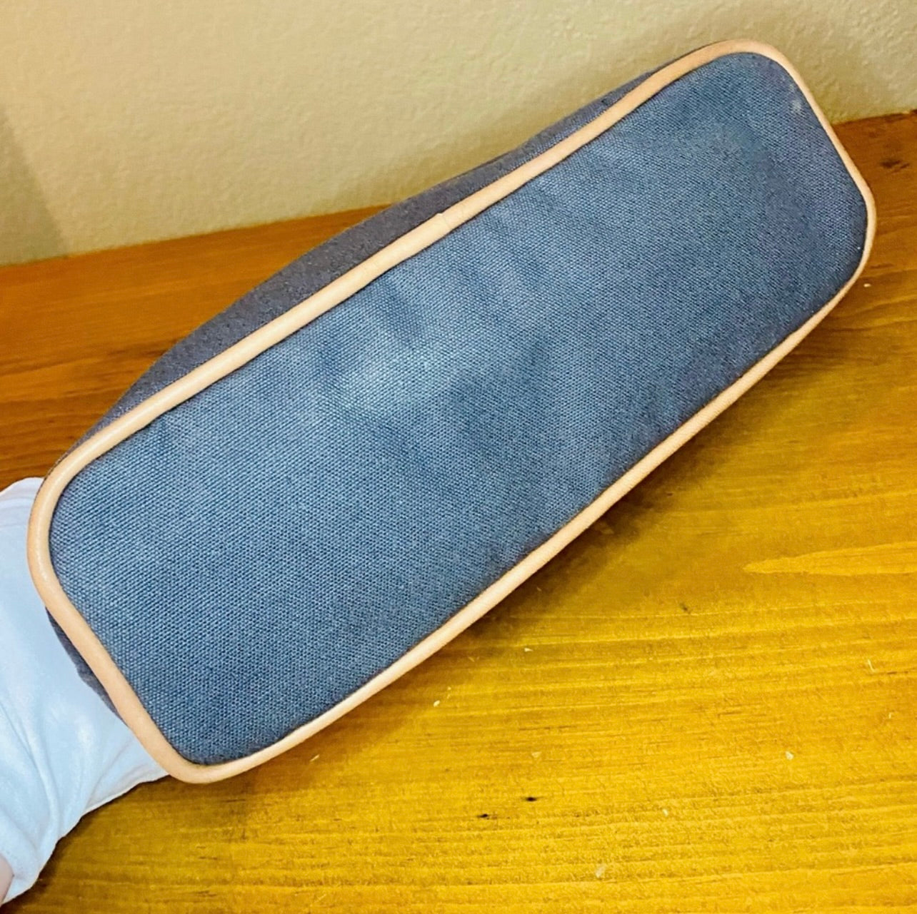 Vintage HERMES Gray Blue Canvas & Leather Bolide Cosmetic Pouch Purse MM