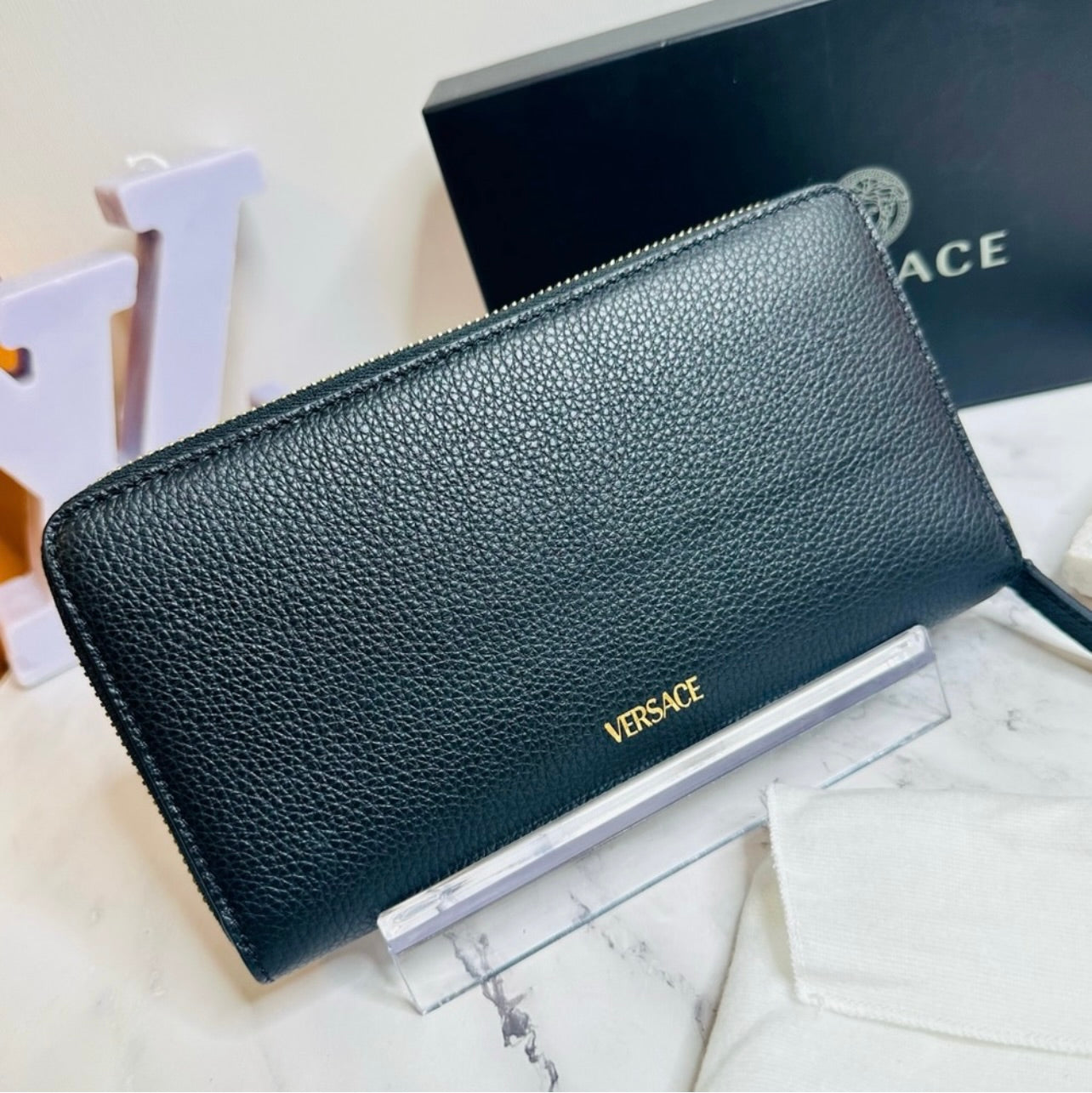 New Versace Two-Toned Black & Beige Grainy Calf Leather Virtus Continental Zip Around Wallet