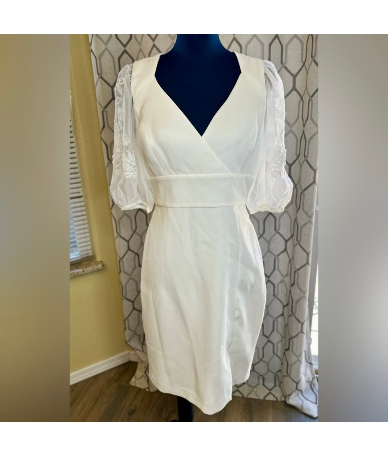 New BCBGMaxAzria Off White Embroidered Sleeve Evening Dress