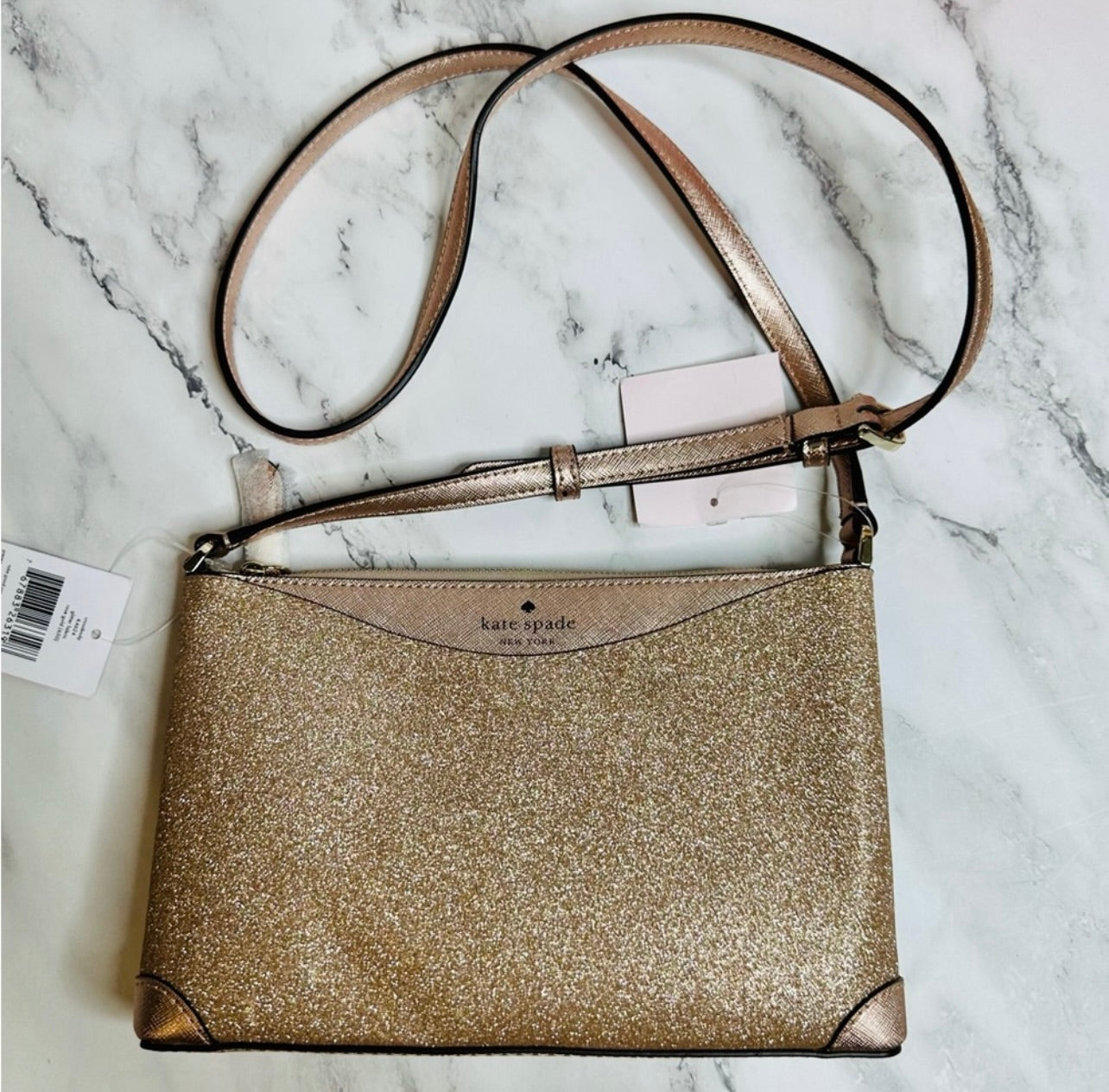 New Kate Spade Rose Gold Glitter Leather Crossbody Bag
