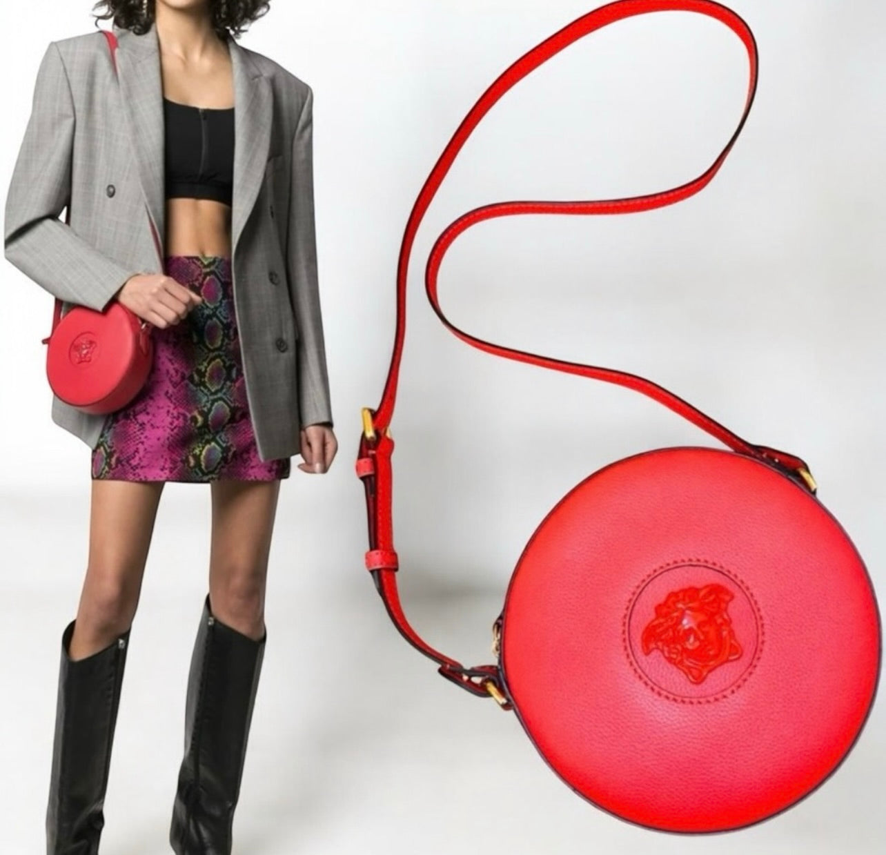 New Versace La Medusa Lipstick Red Leather Disco Round Crossbody Bag