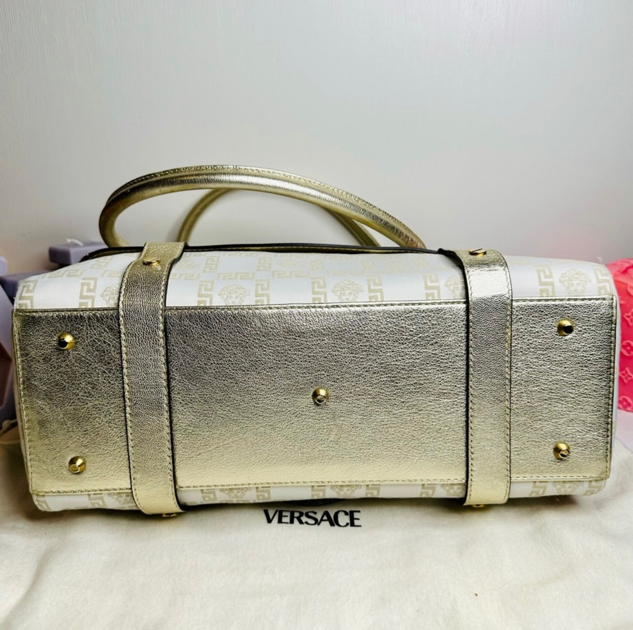 EUC VERSACE Medusa Gold & Cream Logo Print Canvas & Leather Shoulder Bag