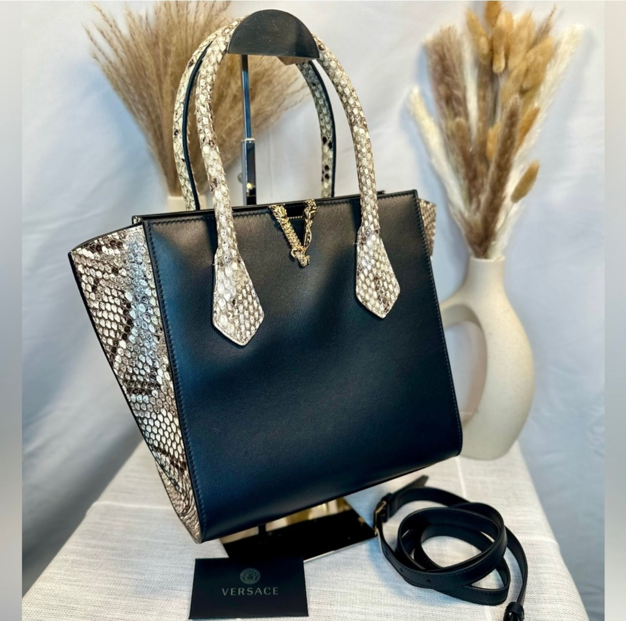 New VERSACE Medium Virtus Calf Leather & Python Handbag