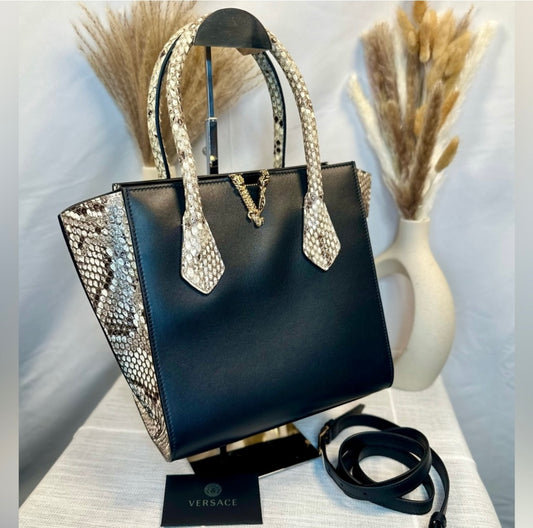 New VERSACE Medium Virtus Calf Leather & Python Handbag