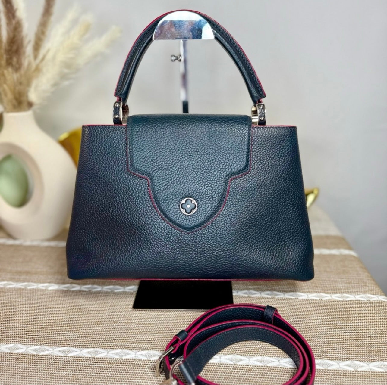 Louis Vuitton Cobalt Blue Taurillon Leather Capucines MM Bag w/ Fuchsia Trim