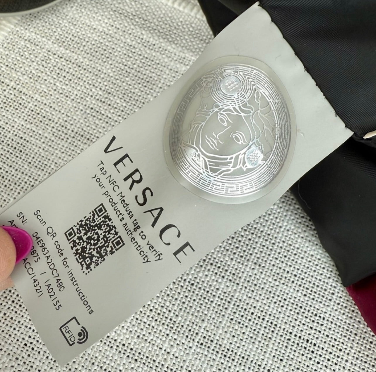 New Versace Deep Fuschia Nylon and Black Leather Drawstring Bucket Bag