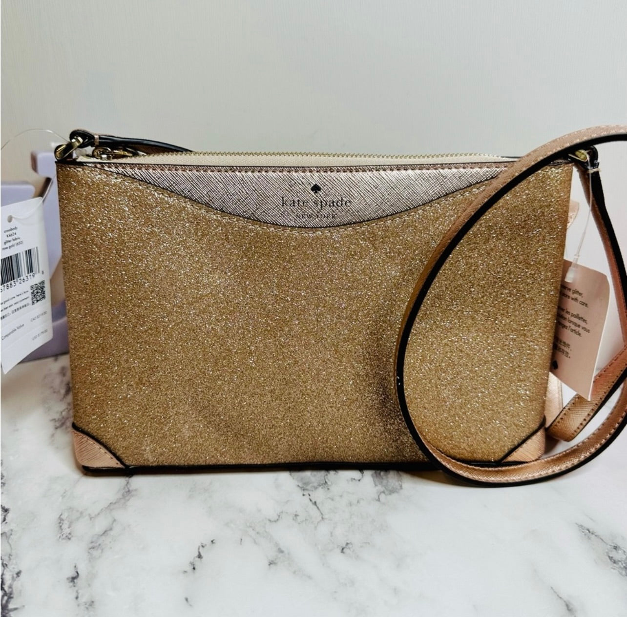New Kate Spade Rose Gold Glitter Leather Crossbody Bag