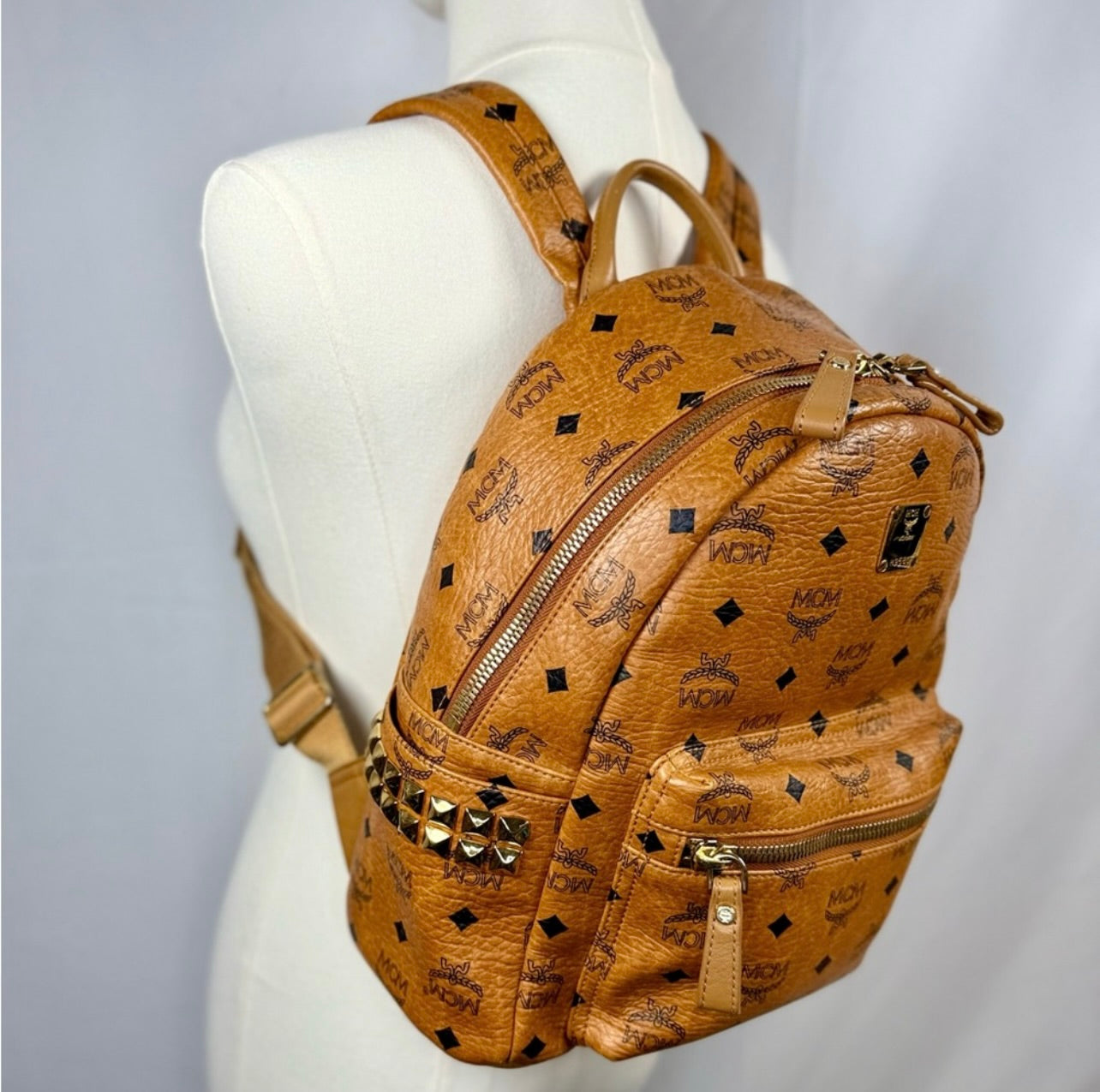 MCM Unisex Small Cognac Stark Visetos Side-Stud Backpack