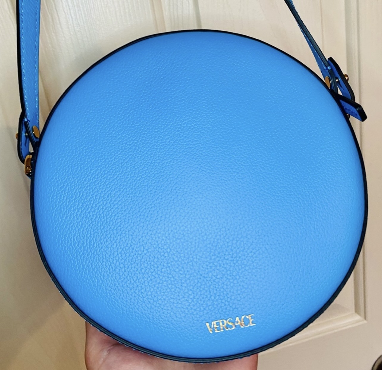 New Versace La Medusa Blue/Cerulean Leather Disco Round Crossbody Bag