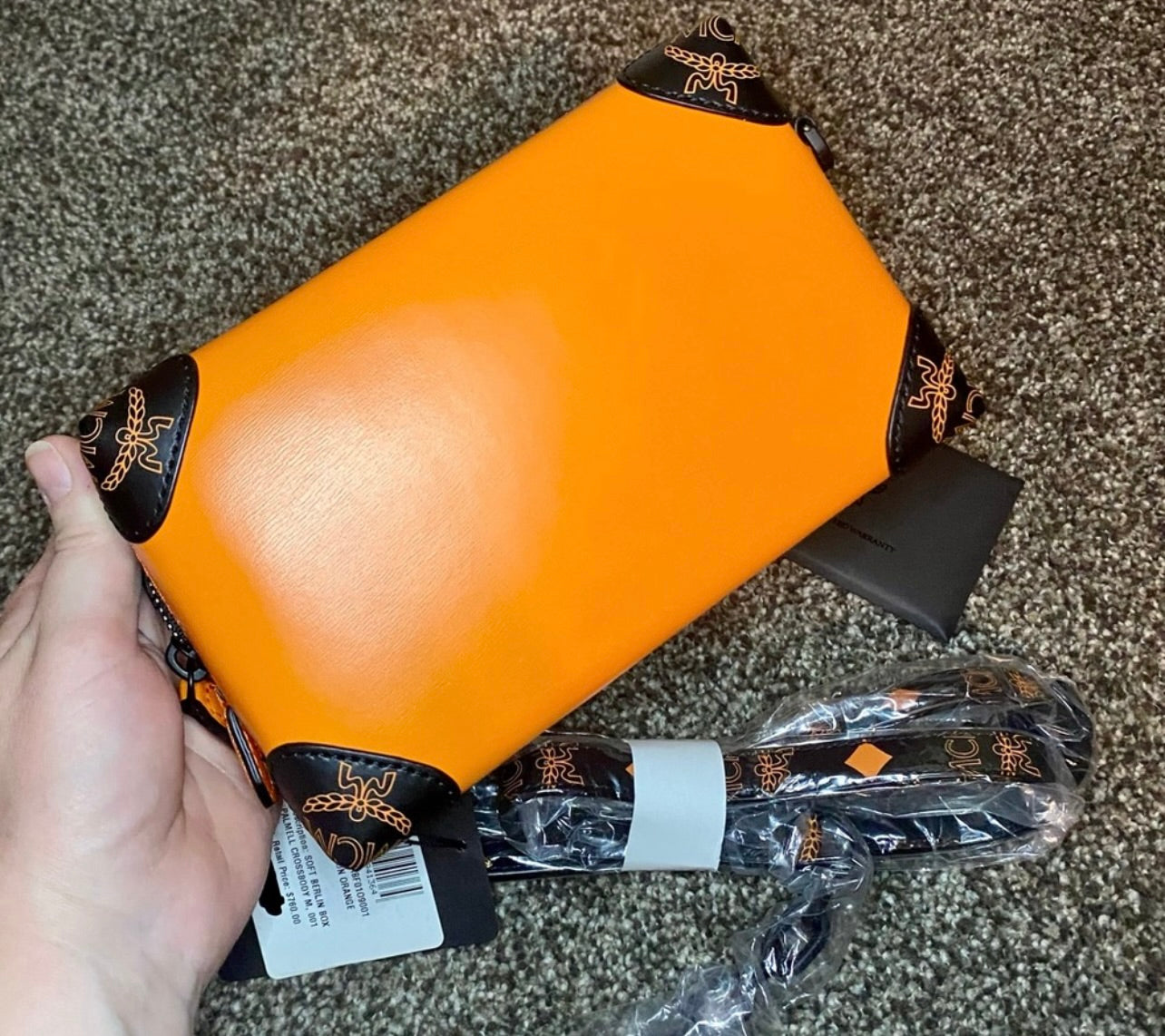New MCM Persimmon Orange & Black Leather Berlin Soft Box Crossbody Bag