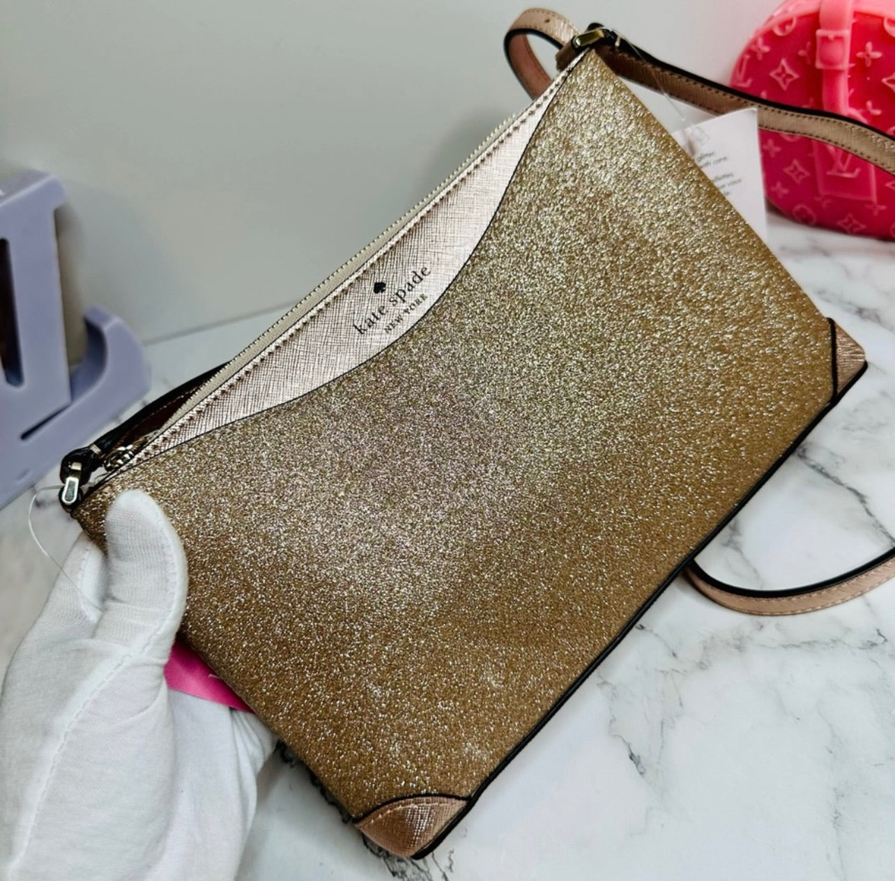 New Kate Spade Rose Gold Glitter Leather Crossbody Bag