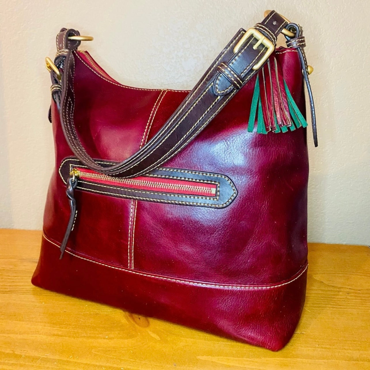 Rare Vintage Dooney & Bourke Large Deep Burgundy Leather Hobo Bag