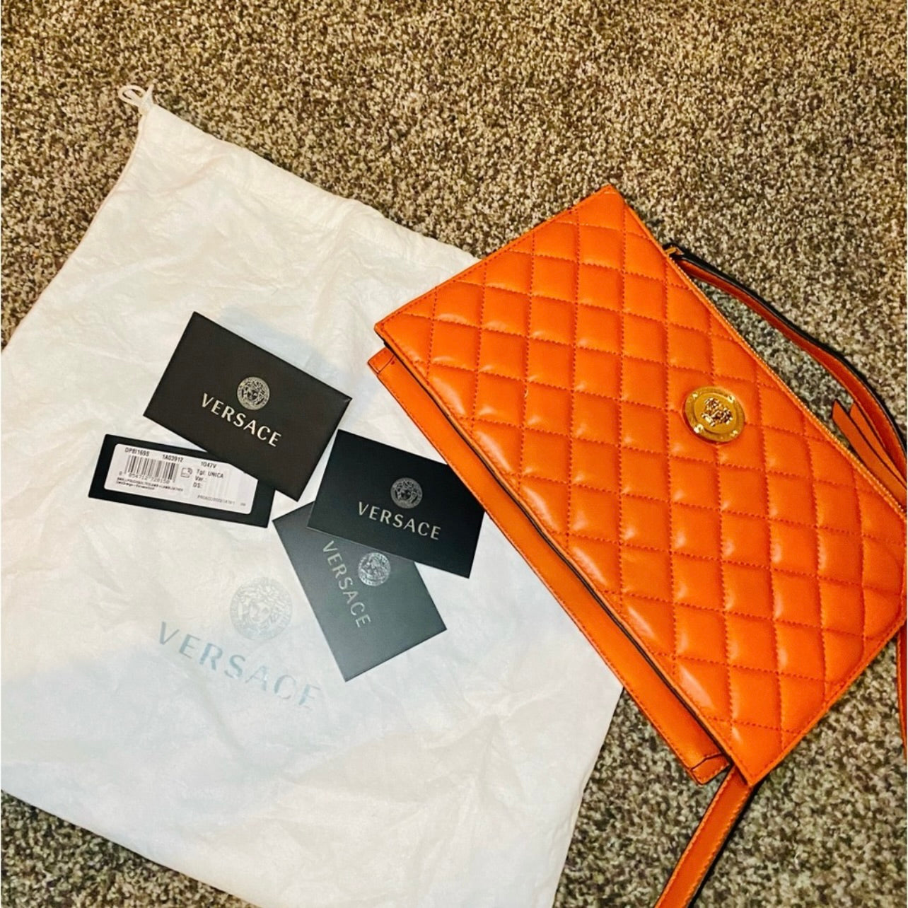 New Versace Quilted Dark Orange Lambskin Leather Small Crossbody Pouch