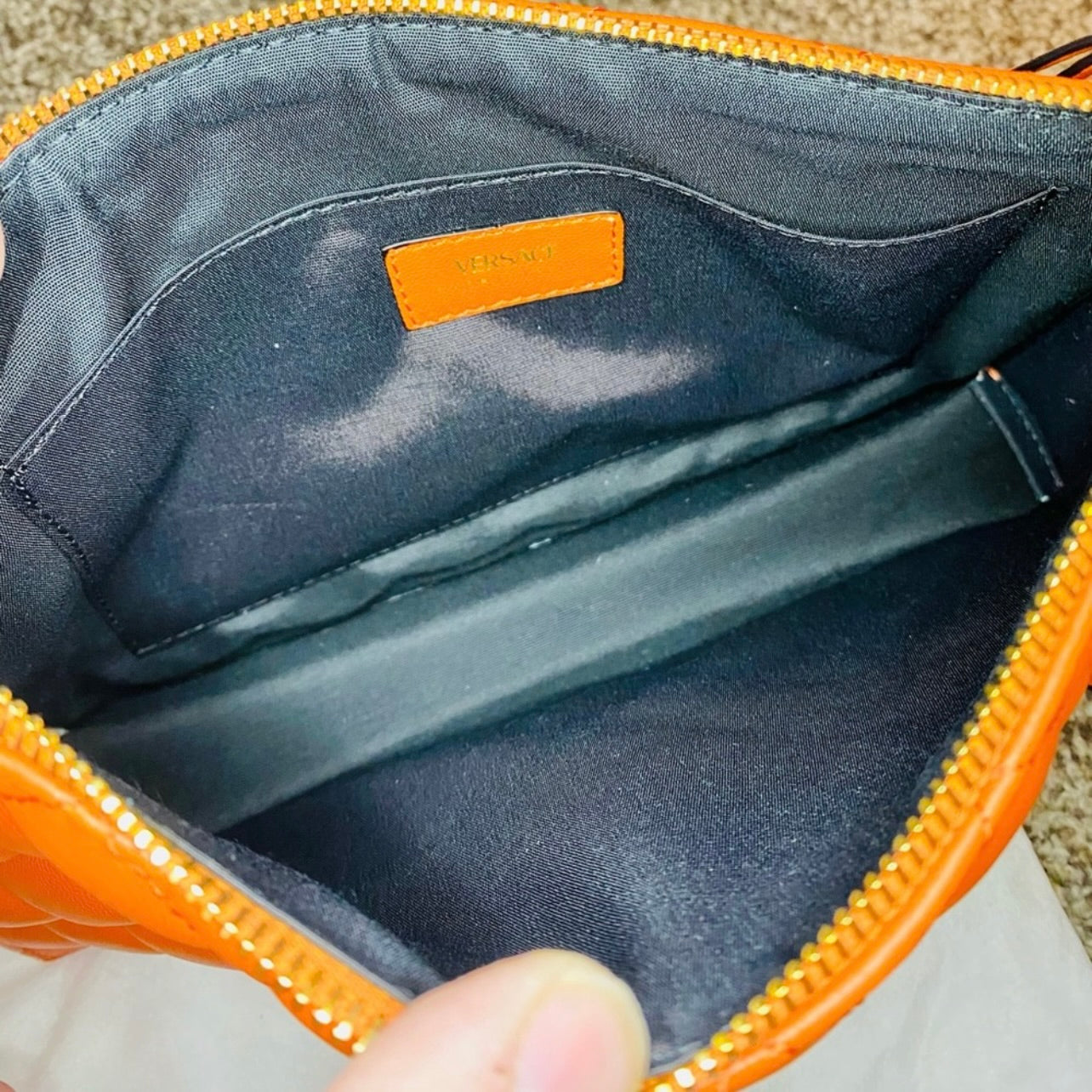 New Versace Quilted Dark Orange Lambskin Leather Small Crossbody Pouch