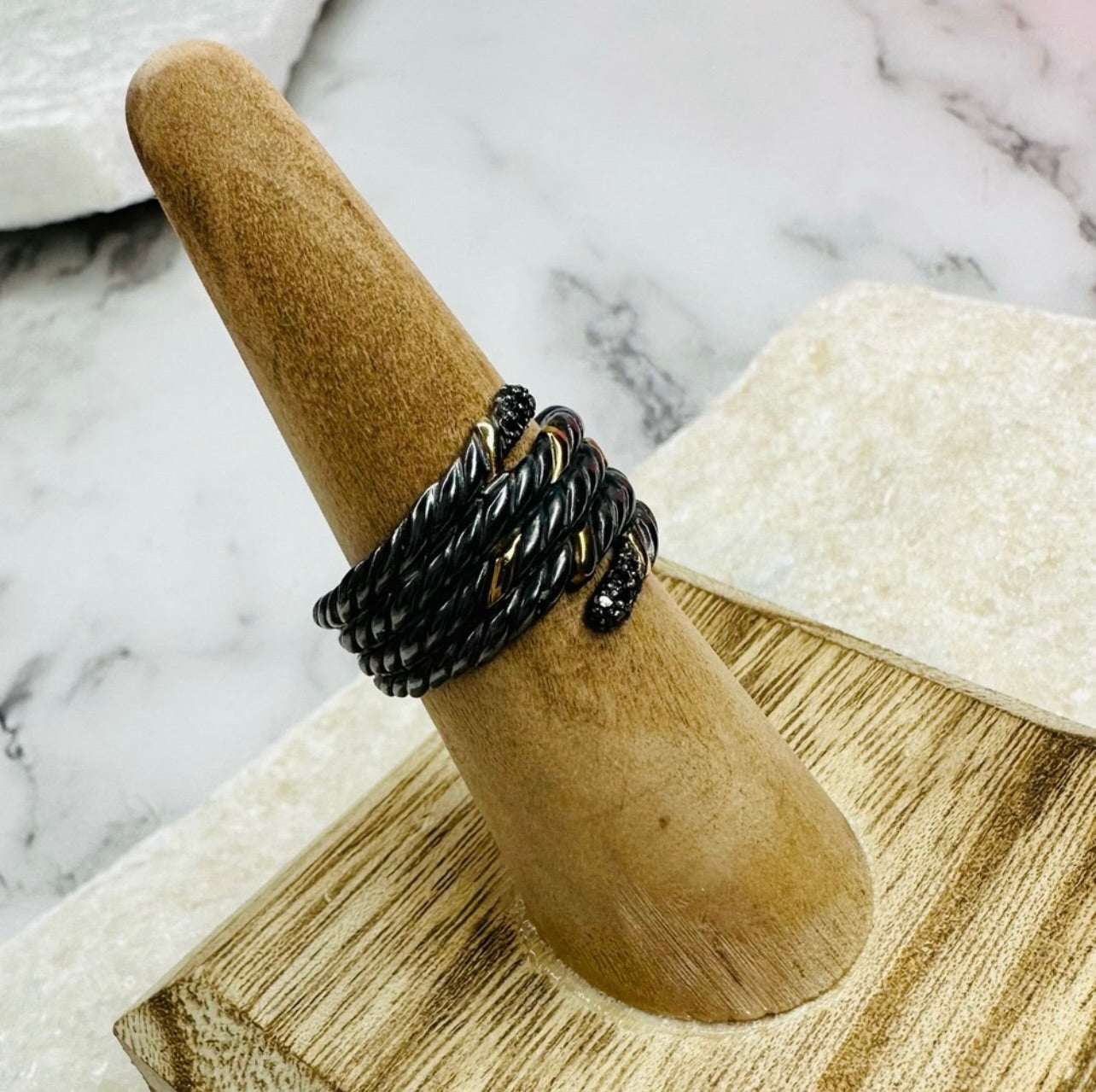EUC David Yurman Blackened Silver & Gold Willow Serpent Ring w/ Black Diamonds