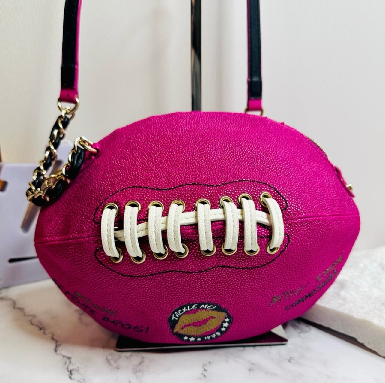 Betsey Johnson Metallic Pink Tackle Me Kitsch Football Crossbody Bag