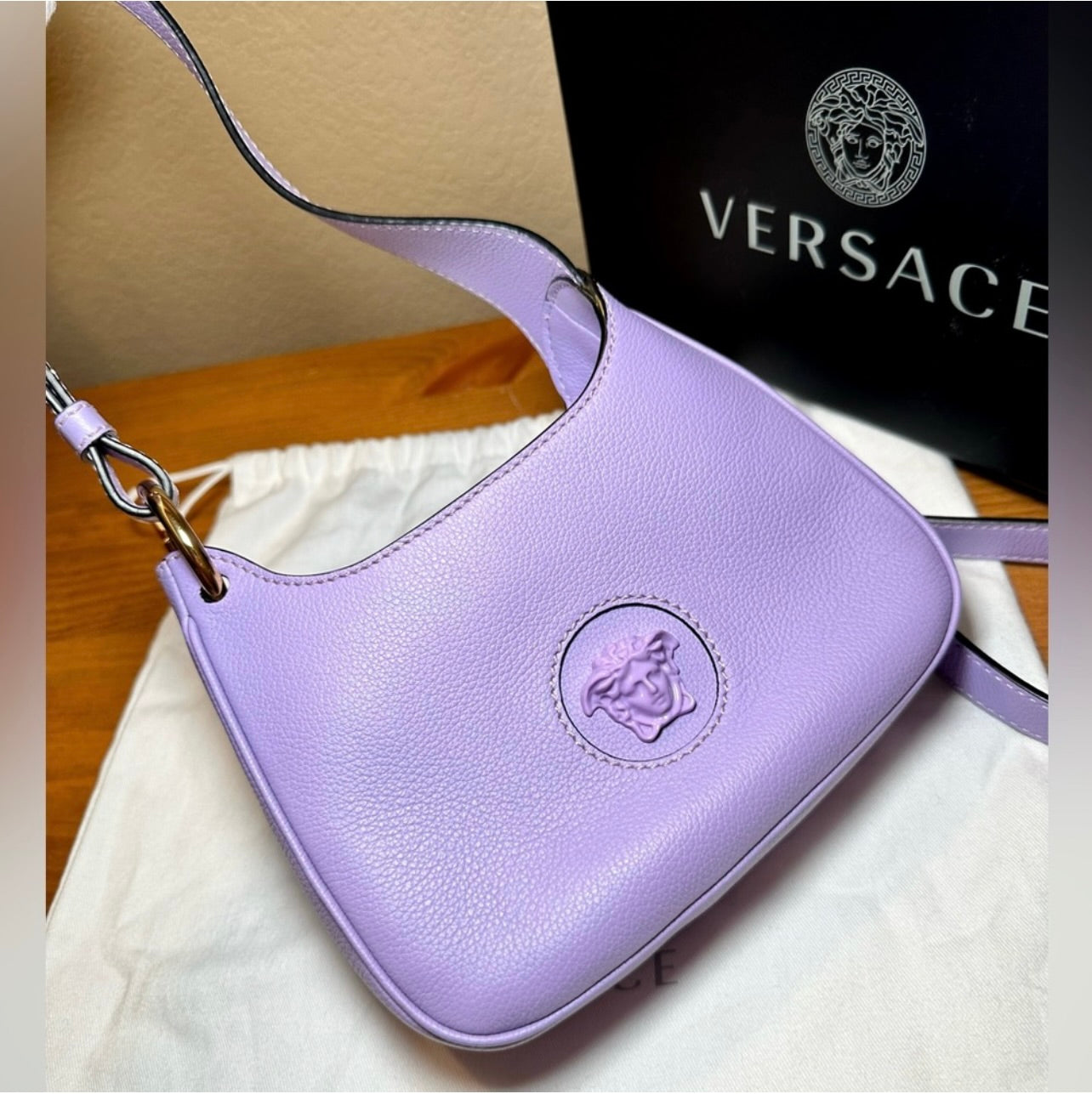 EUC Versace La Medusa Lilac Pebbled Leather Mini Hobo Bag