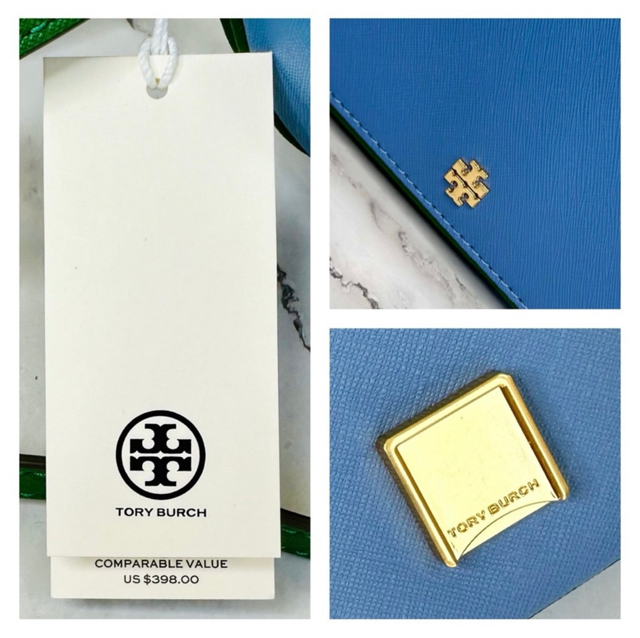 New Tory Burch Bluewood & Arugula Saffiano Leather Emerson Color Block Crossbody Bag