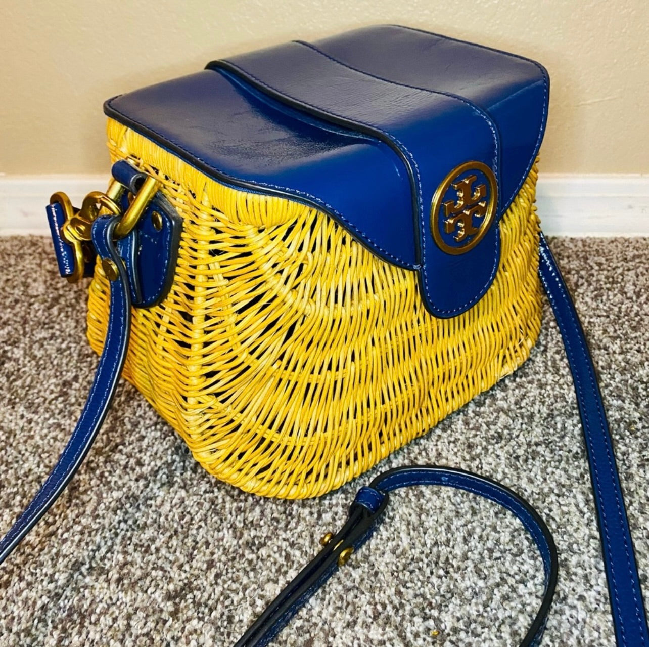 Tory Burch Navy Blue Patent Leather & Lacquered Rattan Basket Bag