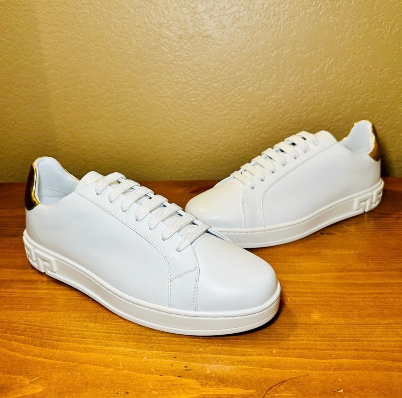 New Unisex Versace Gold & White Leather Athletic Sneakers