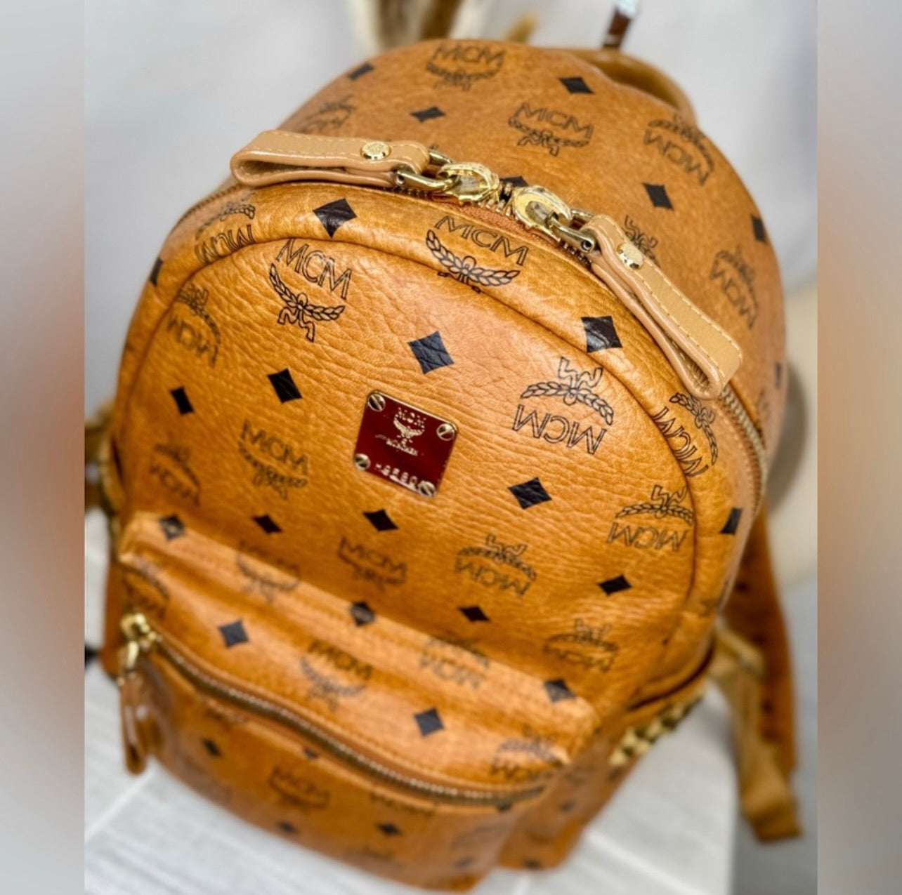 MCM Unisex Small Cognac Stark Visetos Side-Stud Backpack