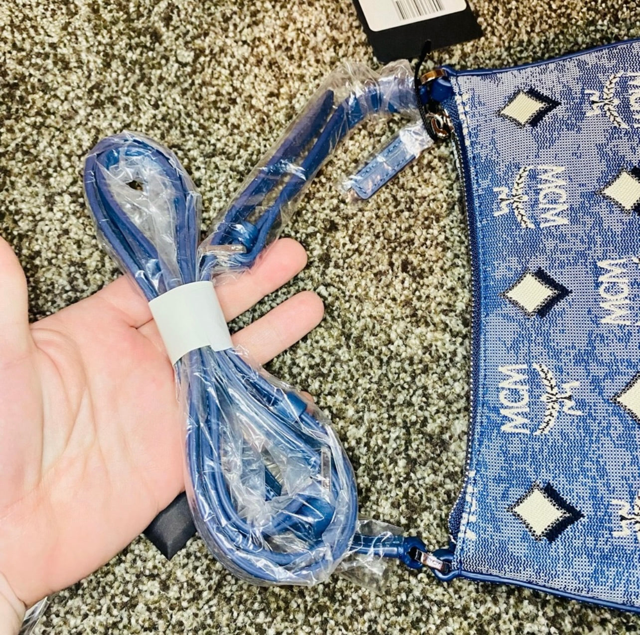 New MCM Blue Vintage Monogram Jacquard Aren Mini Shoulder Bag