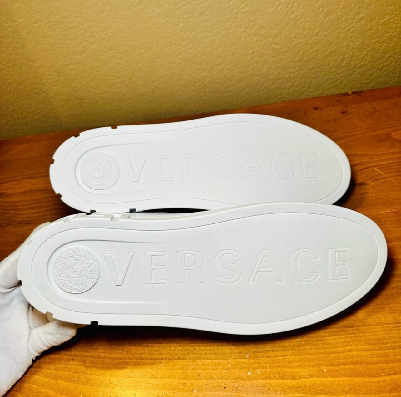 New Unisex Versace Gold & White Leather Athletic Sneakers