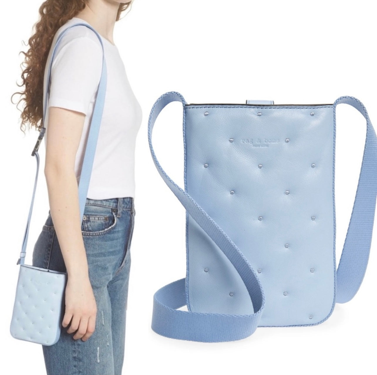 New Rag & Bone Riser Light Blue Leather Crossbody Phone Pouch