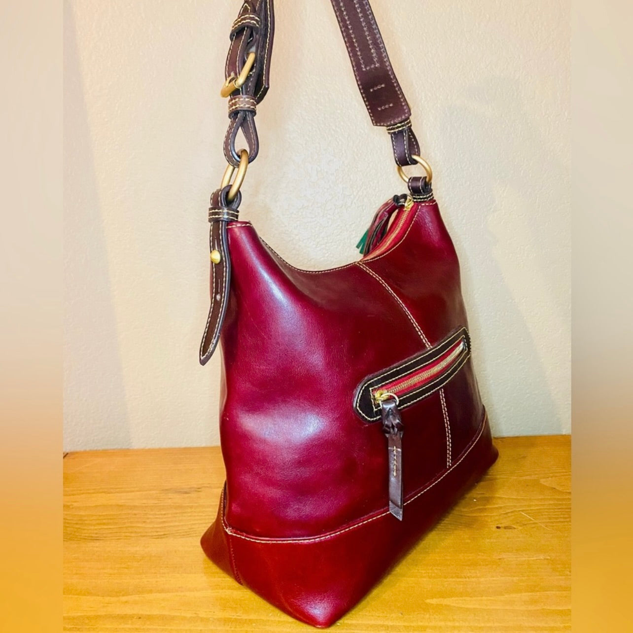 Rare Vintage Dooney & Bourke Large Deep Burgundy Leather Hobo Bag