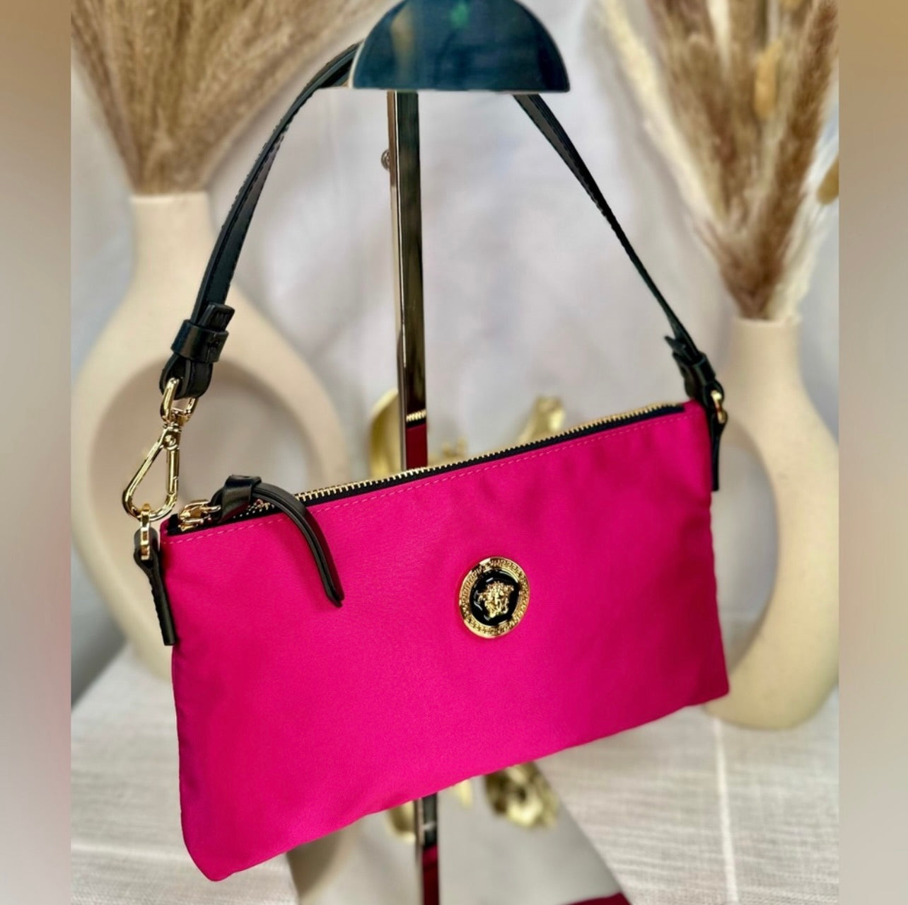 New Versace Hot Pink Flamingo Satin Nylon Pouchette Bag
