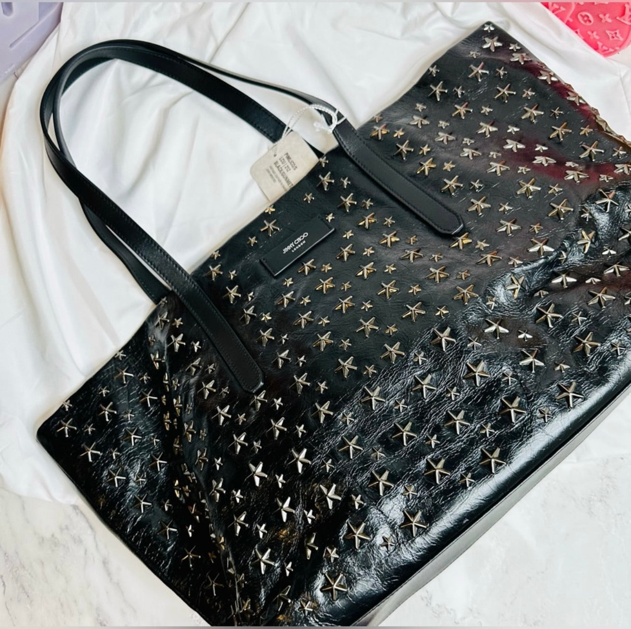 New Jimmy Choo Pimlico/s Black Vintage Leather Gunmetal Star-Stud Embellished Tote