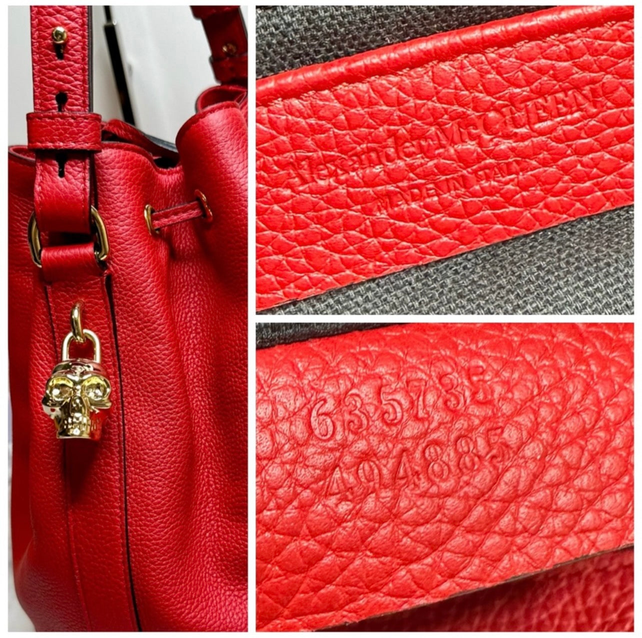 New Alexander McQueen Secchiello Red Pebbled Leather Skull Padlock Bucket Bag