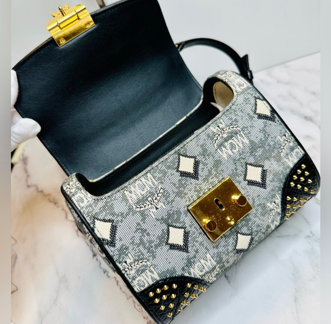 New MCM Small Gray Vintage Monogram Jacquard Studded Tracy Satchel Bag