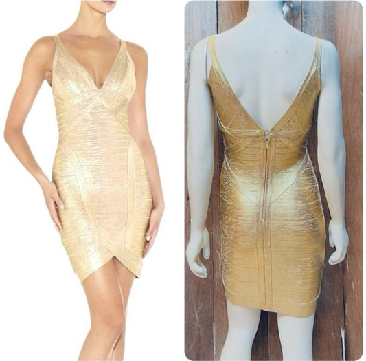 Herve Leger Ari Woodgrain Gold Foil-Print Dress