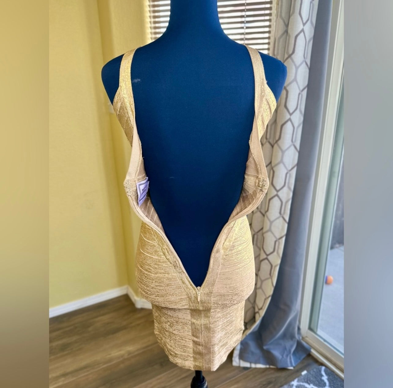 Herve Leger Ari Woodgrain Gold Foil-Print Dress