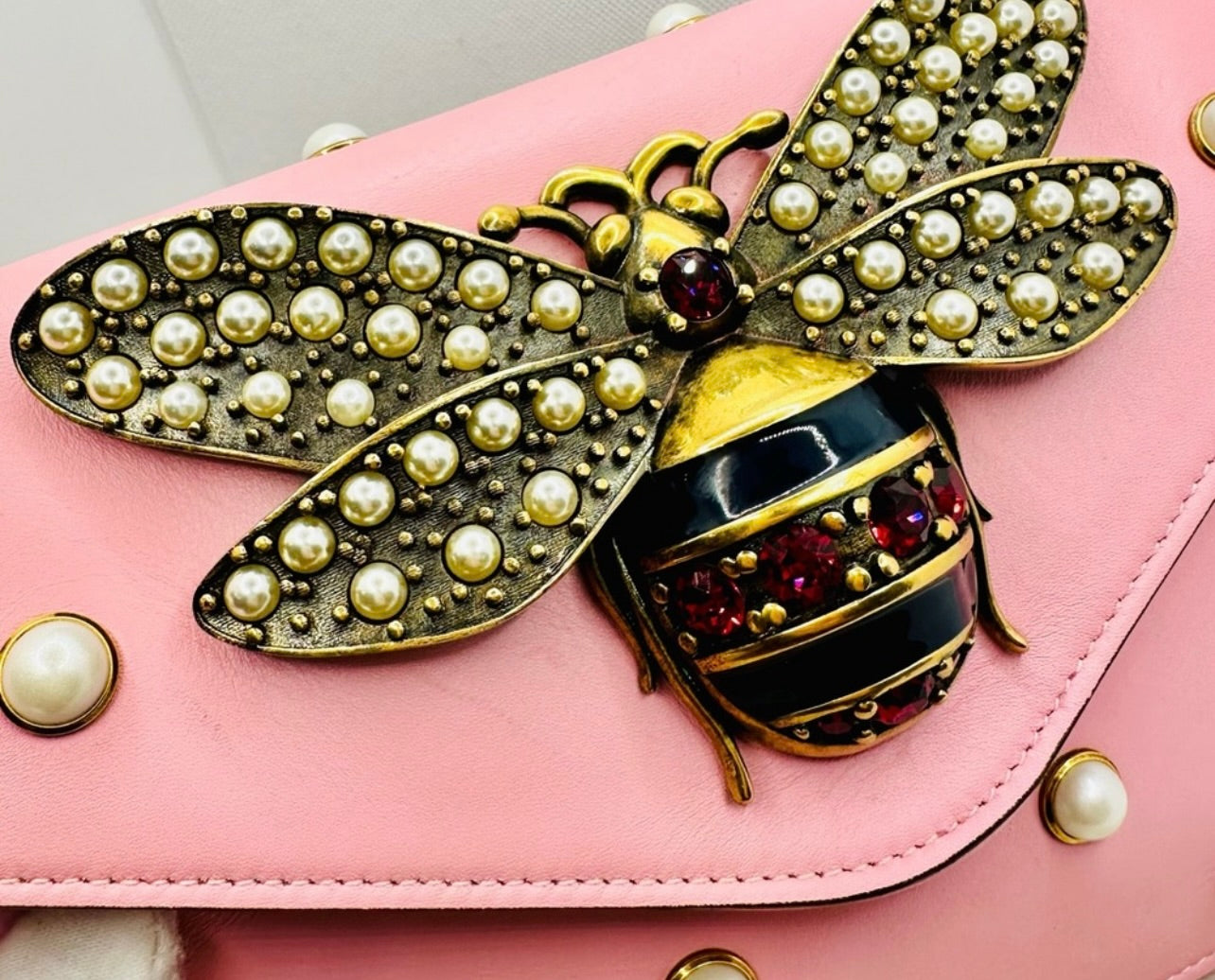Gucci Sugar Pink Leather Mini Pearl Studded Queen Margaret Broadway Shoulder Bag