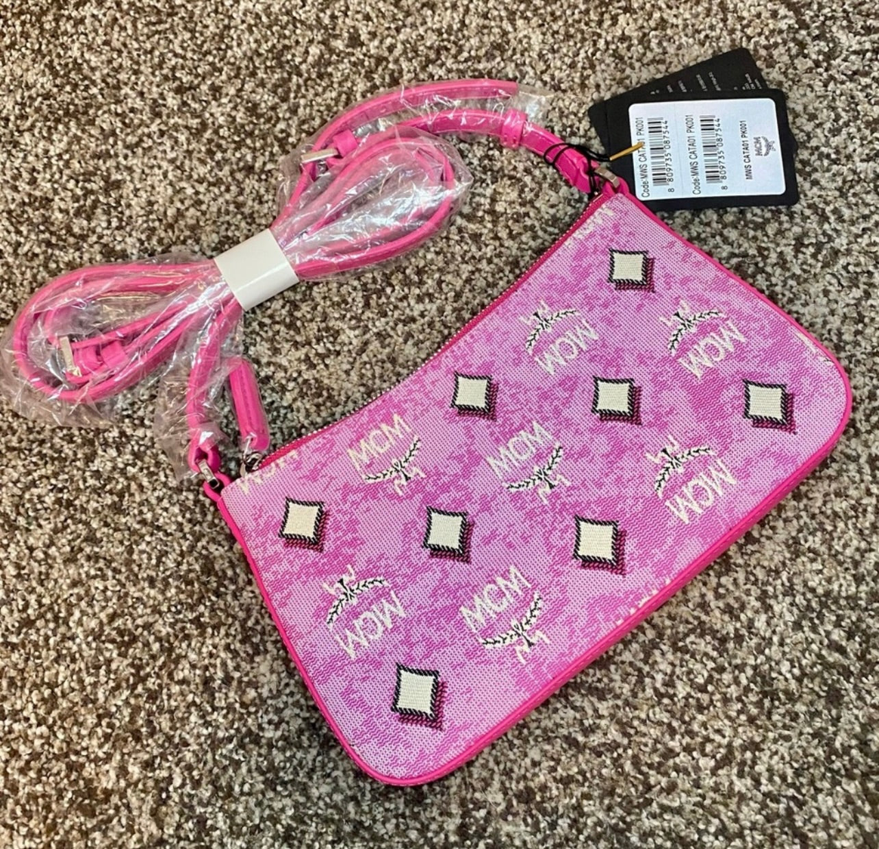 New MCM Pink Vintage Monogram Jacquard Aren Mini Shoulder Bag