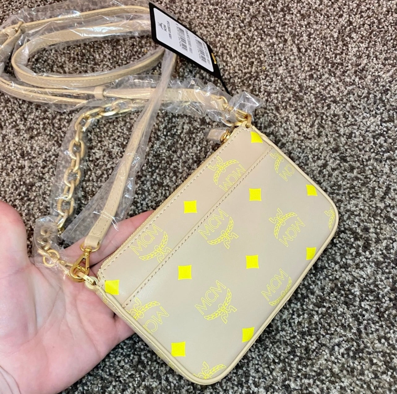 New MCM Croissant Yellow Mini Color Splash Logo Shoulder Bag