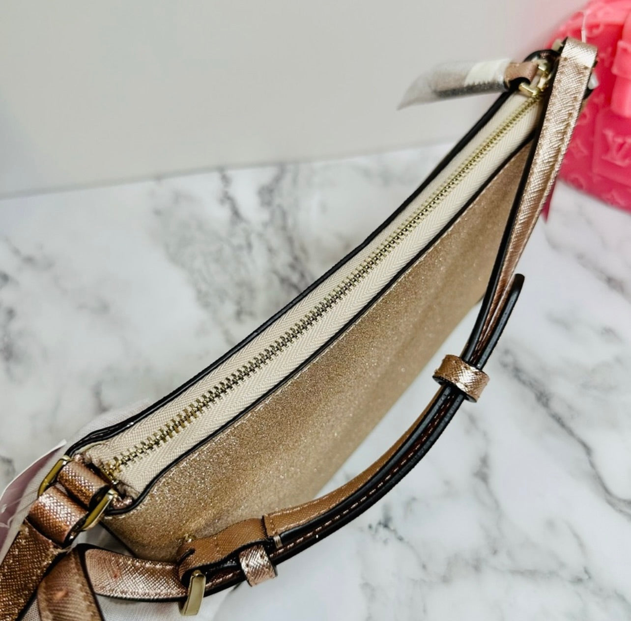New Kate Spade Rose Gold Glitter Leather Crossbody Bag