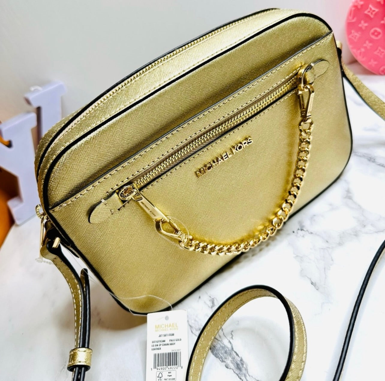 New Michael Kors Jet Set Large Pale Gold Saffiano Leather Crossbody Bag