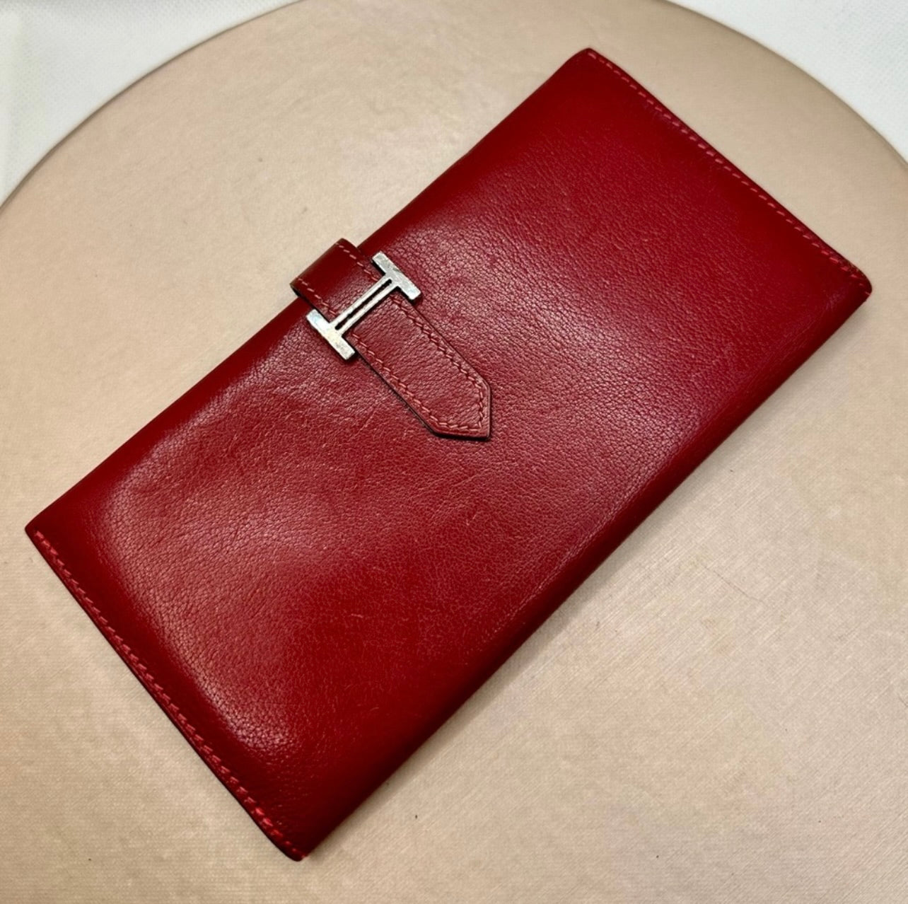 Hermés Dark Red Rouge Leather Bearn Verso Gusset Wallet