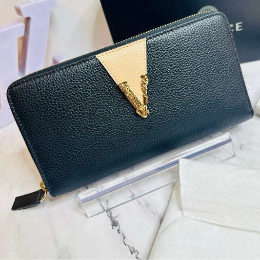 New Versace Two-Toned Black & Beige Grainy Calf Leather Virtus Continental Zip Around Wallet