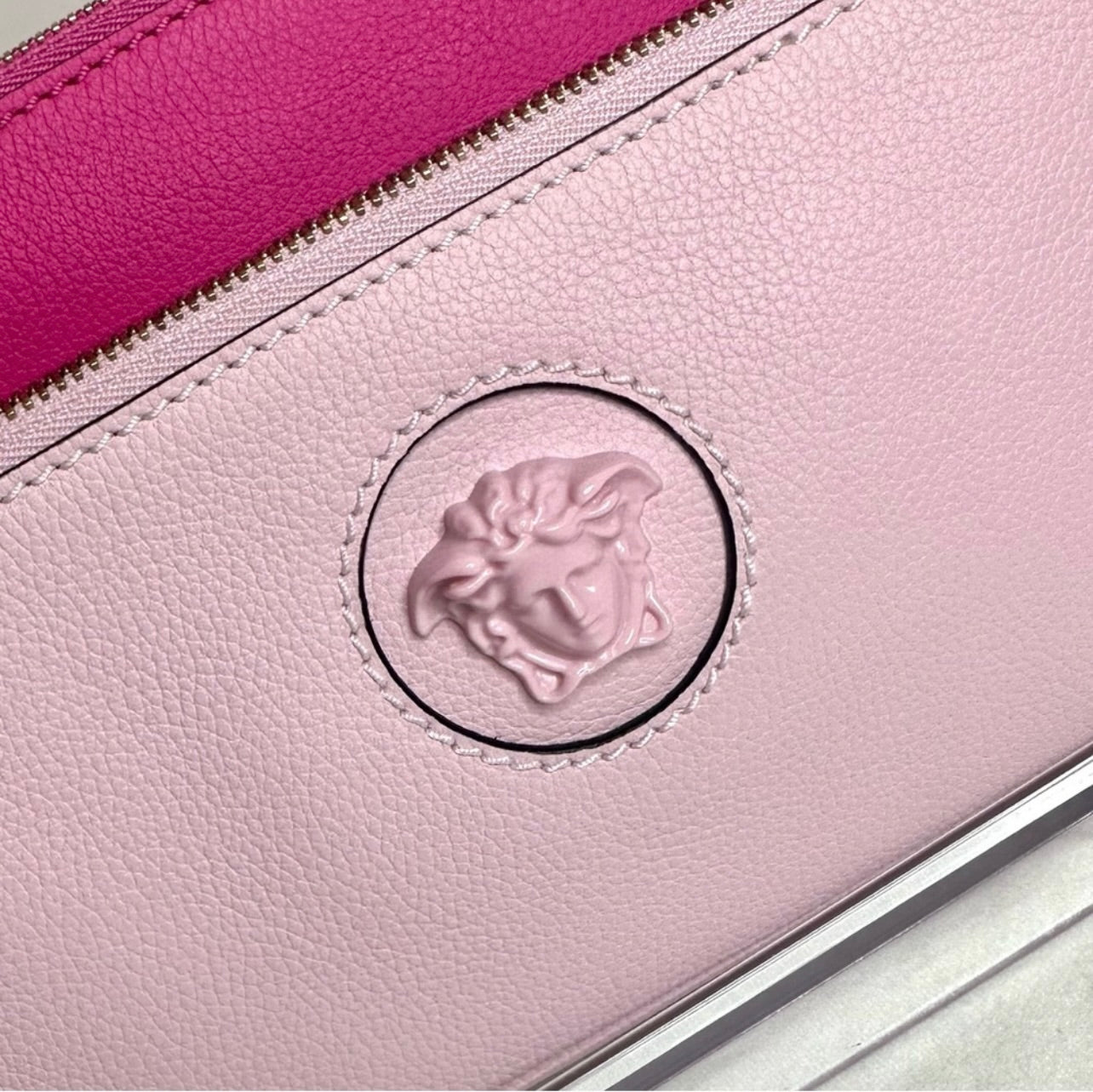 New Versace Double Zip La Medusa Pink Italian Leather Wristlet Pouch
